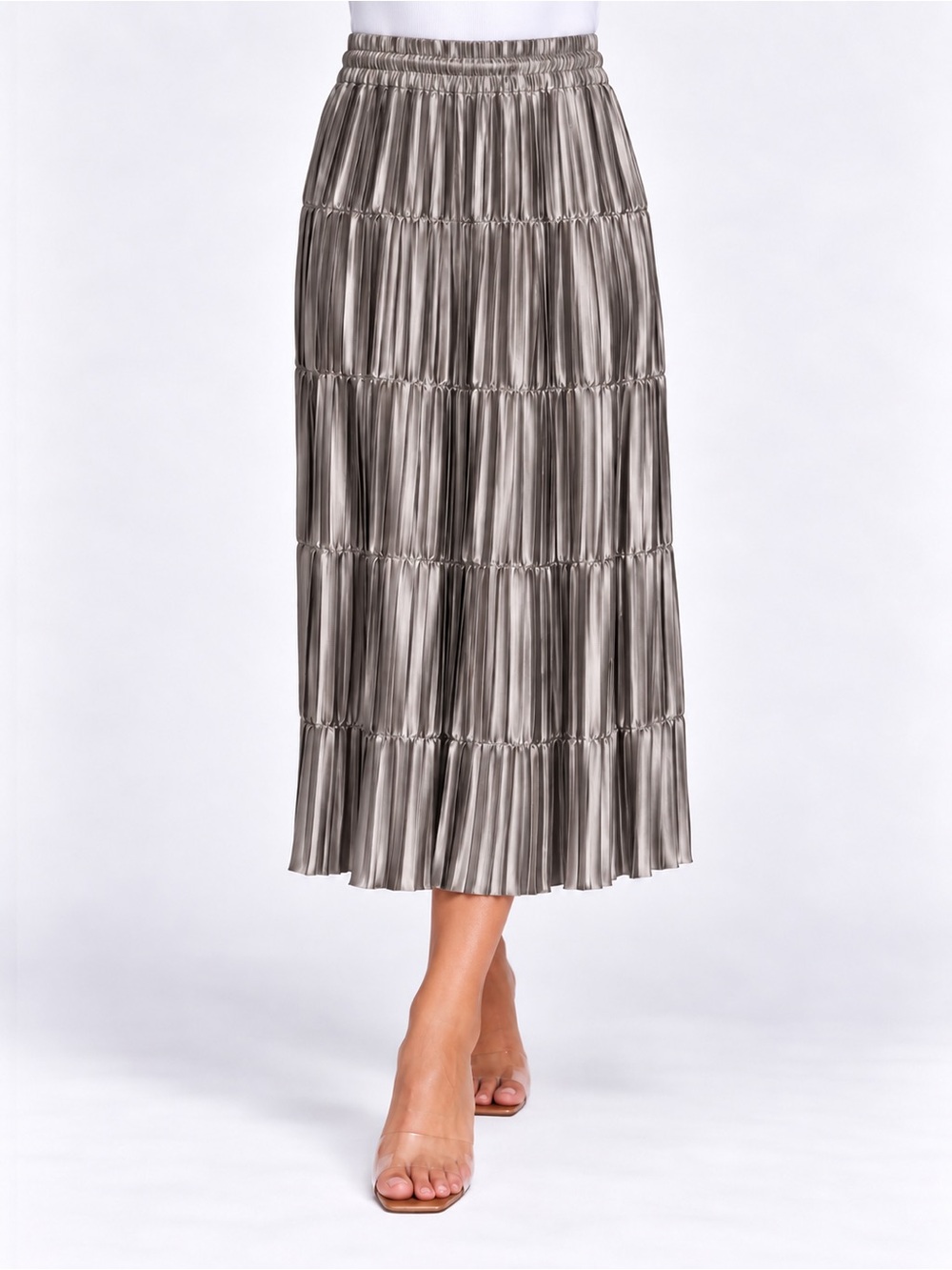 Silver Metallic Pleated Tiered Midi Skirt Elastic Waist Party Glam Medium